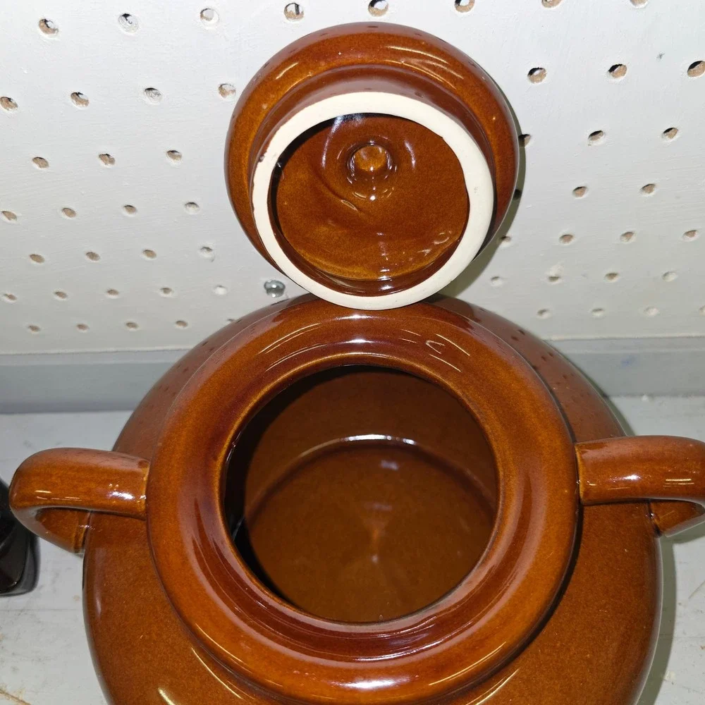 Vintage Smith-China Stoneware Bean Pot with Lid TwoTone Brown Ceramic Crock